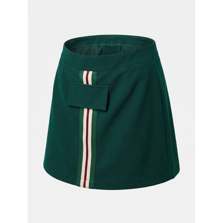 Gonna verde Gabriella Gucci vista di tre quarti con banda a righe sul davanti