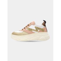 Sneakers Manila Grace bianche e rosa con saetta glitter oro, lato esterno