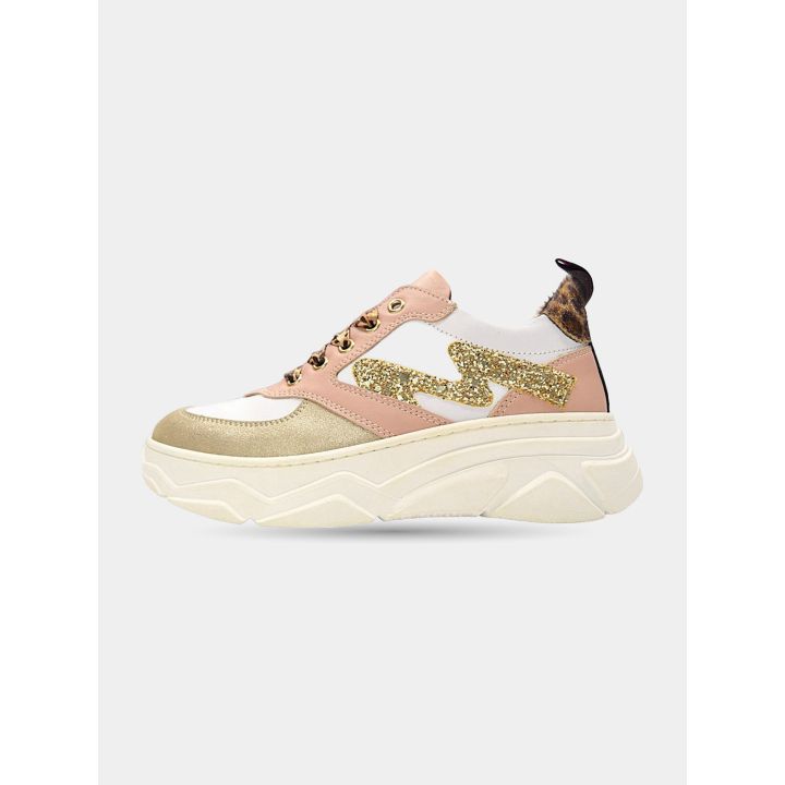 Sneakers Manila Grace bianche e rosa con saetta glitter oro, lato esterno