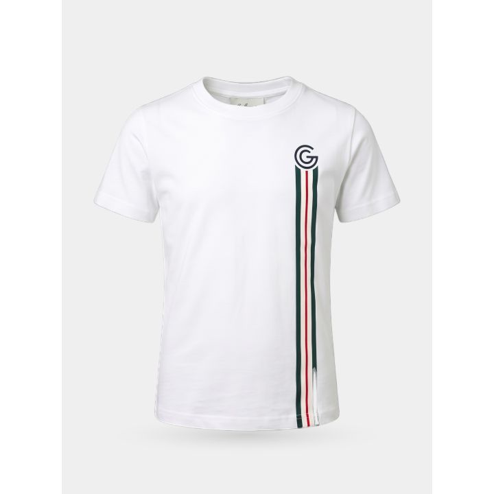 T-shirt Gabriella Gucci bianca da ragazza, vista frontale con banda verticale e logo G