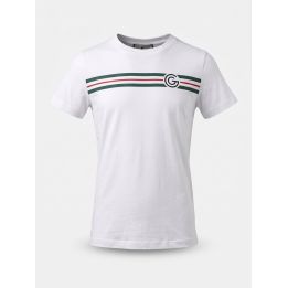 T-shirt Gabriella Gucci bianca da ragazza, vista frontale con banda orizzontale e logo G