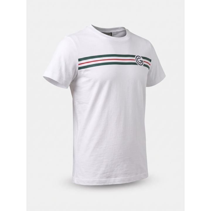 T-shirt bianca Gabriella Gucci di tre quarti con banda a righe sul petto