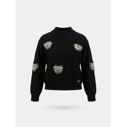 Maglione FUN&FUN nero corto, vista frontale con cuori di perle