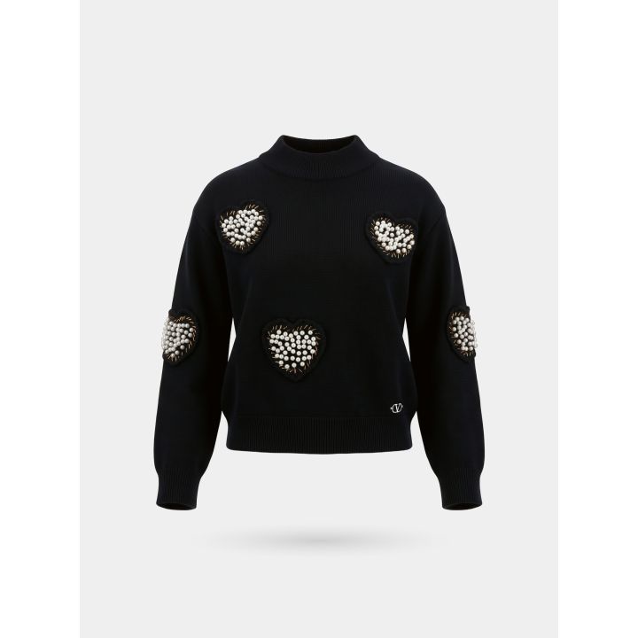 Maglione FUN&FUN nero corto, vista frontale con cuori di perle