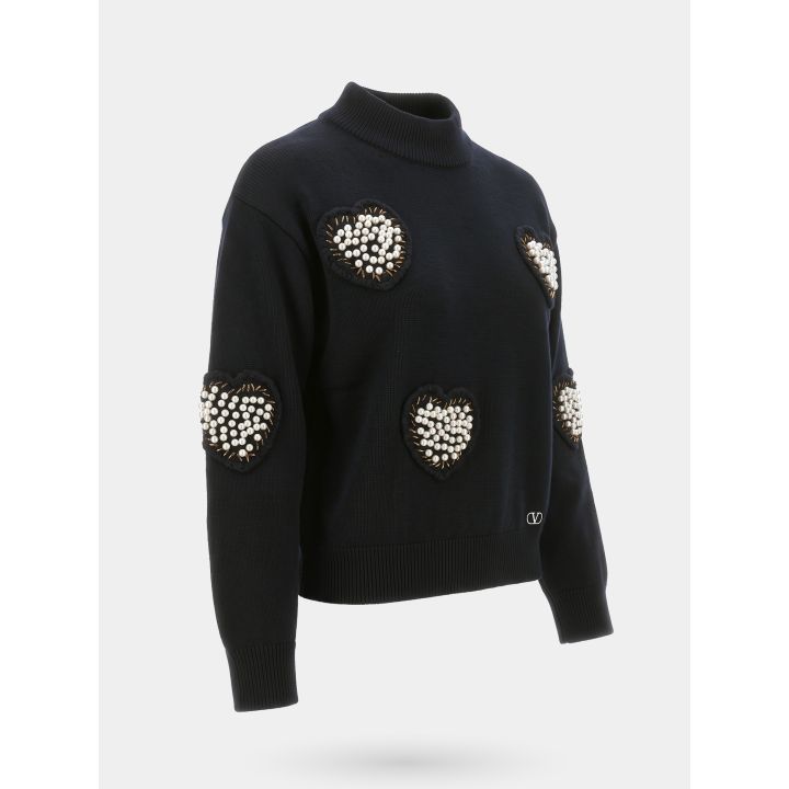 Maglione nero FUN&FUN di tre quarti con cuori di perle anche sulle maniche