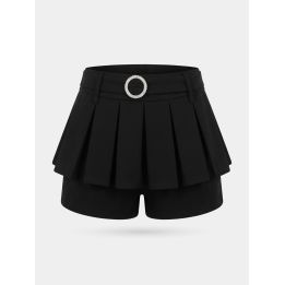 Short pantagonna FUN&FUN nero, vista frontale con cintura e fibbia di strass