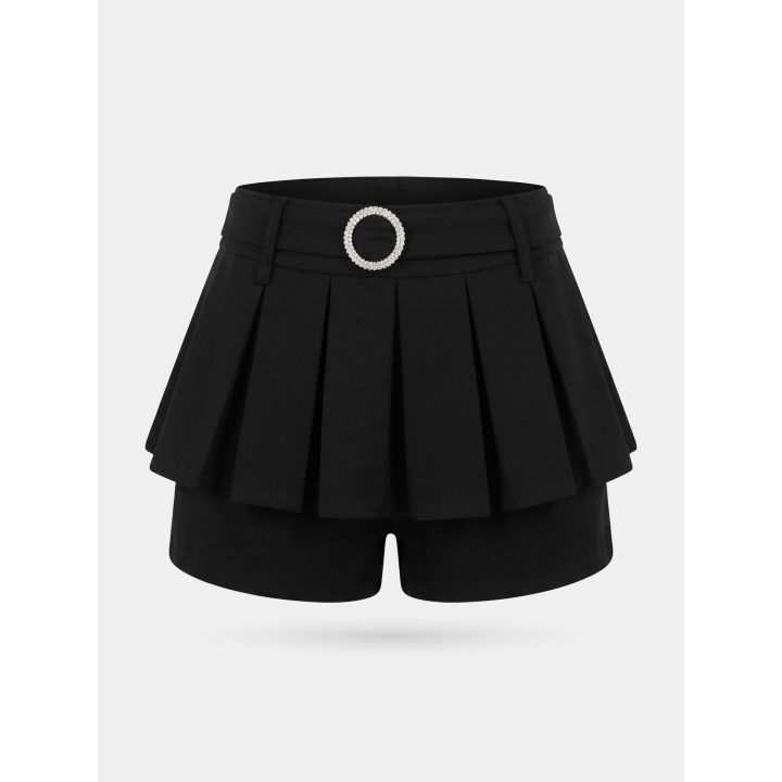 Short pantagonna FUN&FUN nero, vista frontale con cintura e fibbia di strass