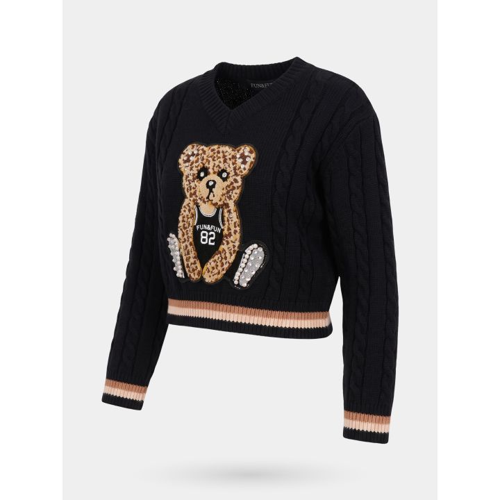 Maglione nero FUN&FUN di tre quarti con scollo a V e polsini a righe