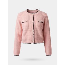 Giacca FUN&FUN rosa in maglia, vista frontale con bordi neri smerlati