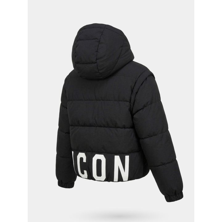Giubbotto ICON ragazza nero, retro di tre quarti con maxi scritta