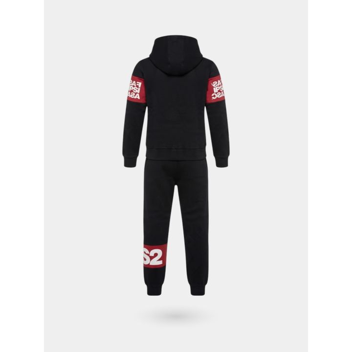 Tuta DS2 bambino nera con felpa zip e fascia rossa con logo, retro
