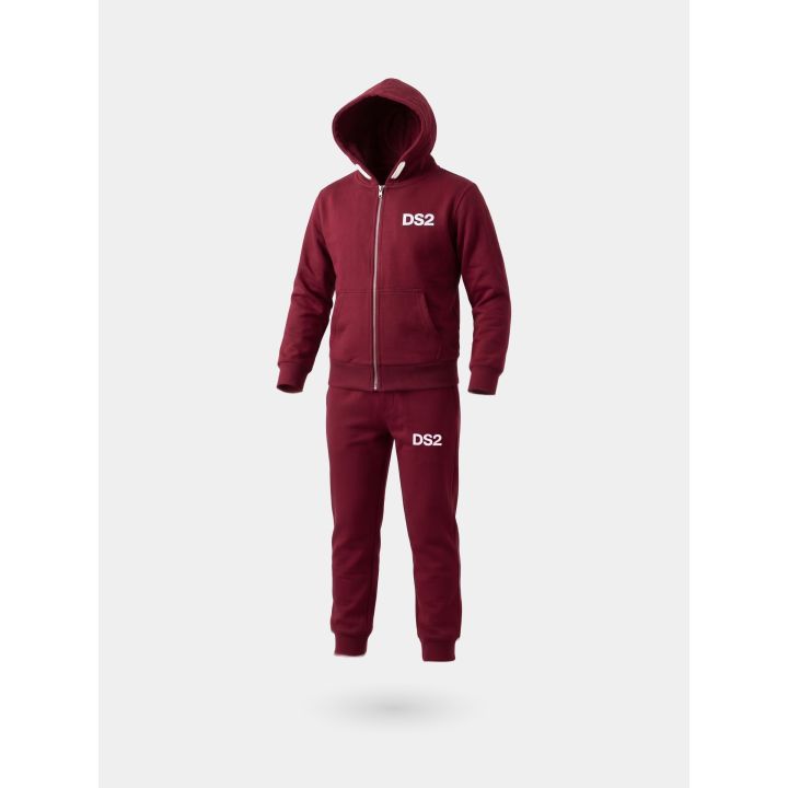 Tuta DS2 bambino bordeaux con felpa zip e cappuccio, vista di tre quarti