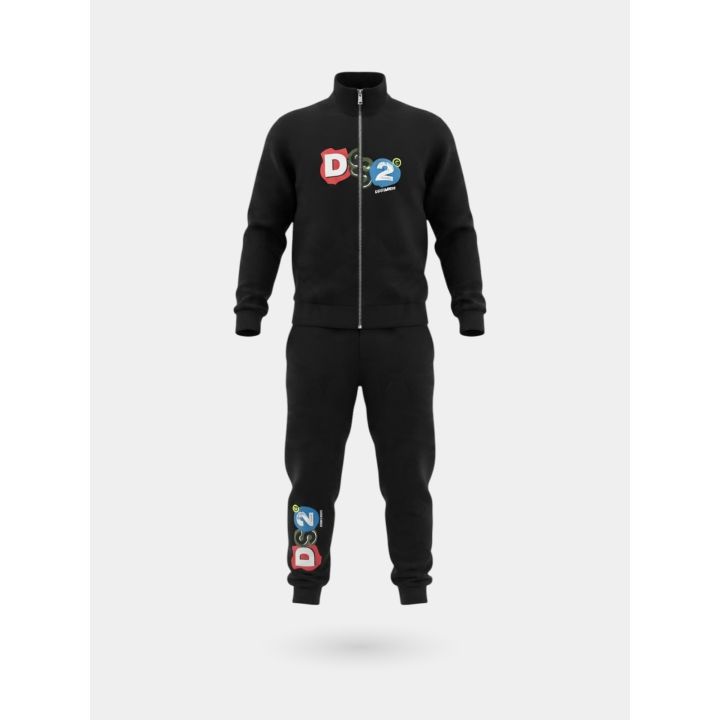 Tuta DS2 Drop Season 2 bambino nera con felpa zip a collo alto e logo colorato, vista frontale