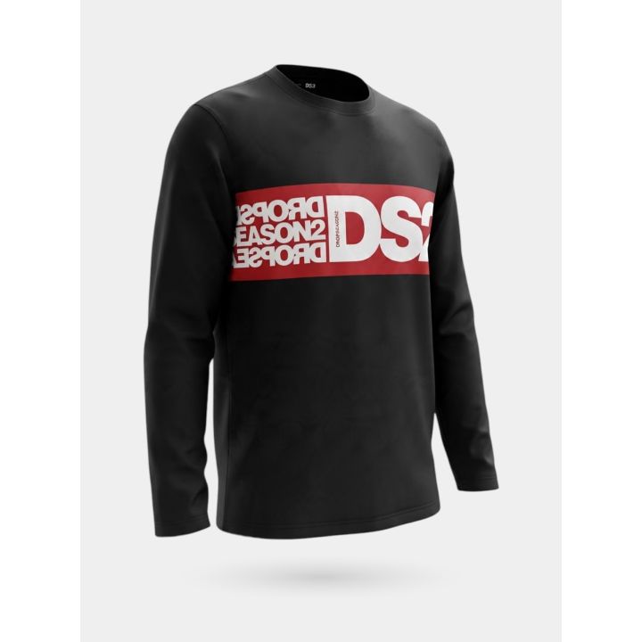 T-shirt a maniche lunghe DS2 bambino nera con fascia rossa, vista di tre quarti