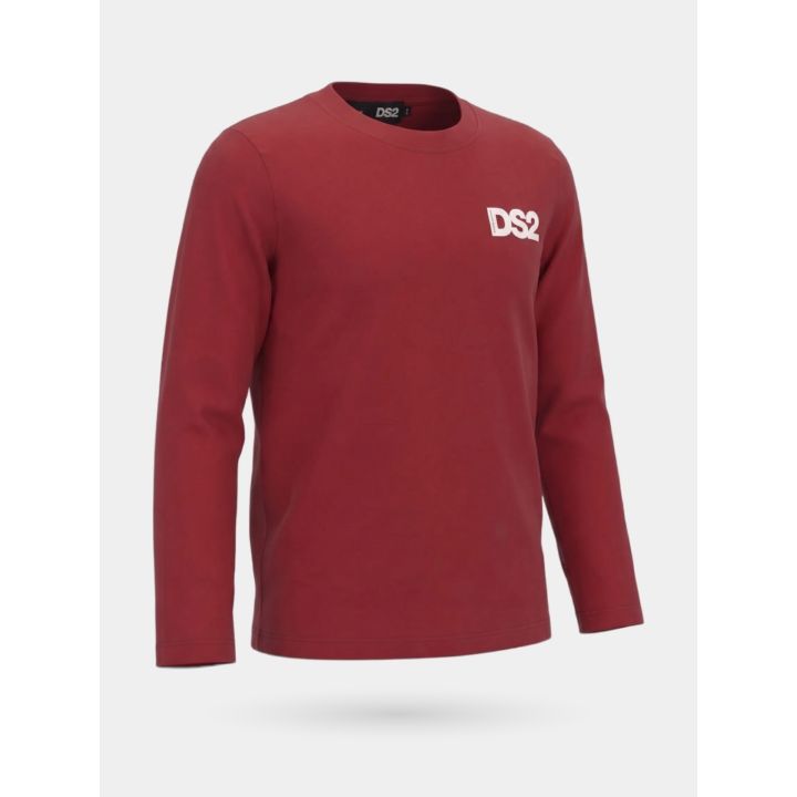 T-shirt a maniche lunghe DS2 bambino bordeaux con piccolo logo, vista di tre quarti