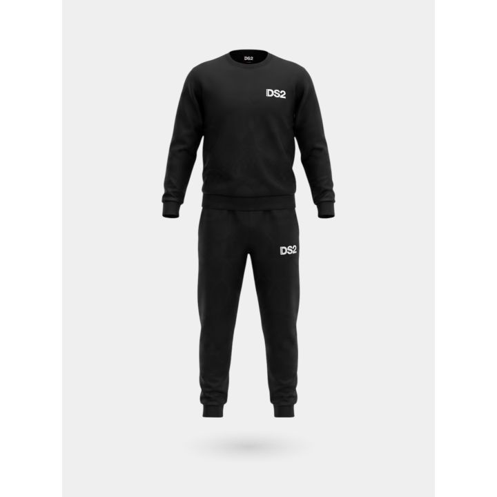 Tuta DS2 Drop Season 2 bambino nera con felpa girocollo e logo bianco, vista frontale