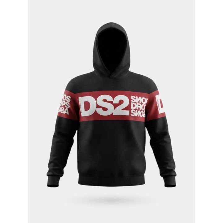Felpa DS2 Drop Season 2 ragazzo nera e rossa con cappuccio e fascia logo, vista frontale