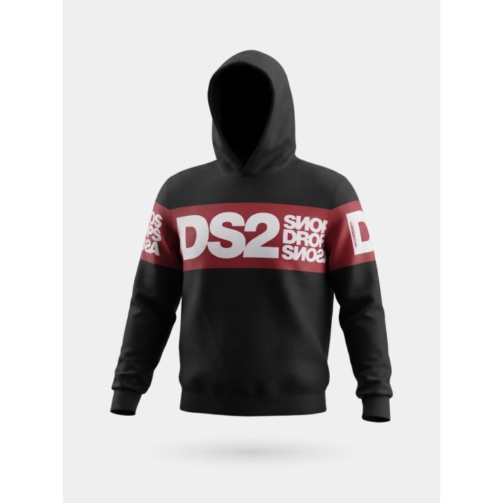 Felpa DS2 ragazzo nera e rossa con cappuccio e fascia logo, vista di tre quarti