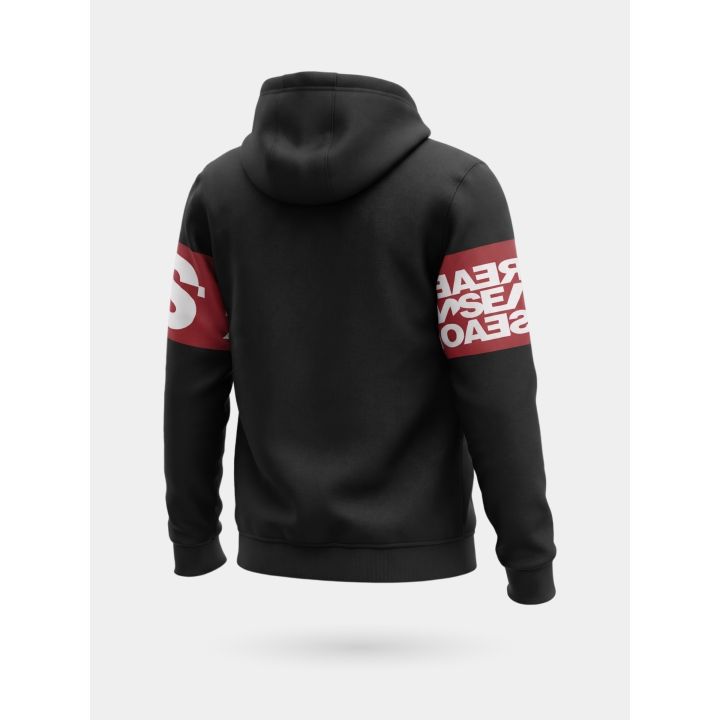 Felpa DS2 ragazzo nera e rossa con cappuccio e fascia logo, retro di tre quarti