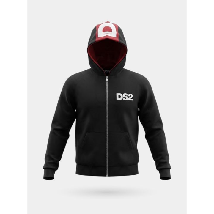 Felpa DS2 Drop Season 2 ragazzo nera con zip, cappuccio e fascia rossa, vista frontale