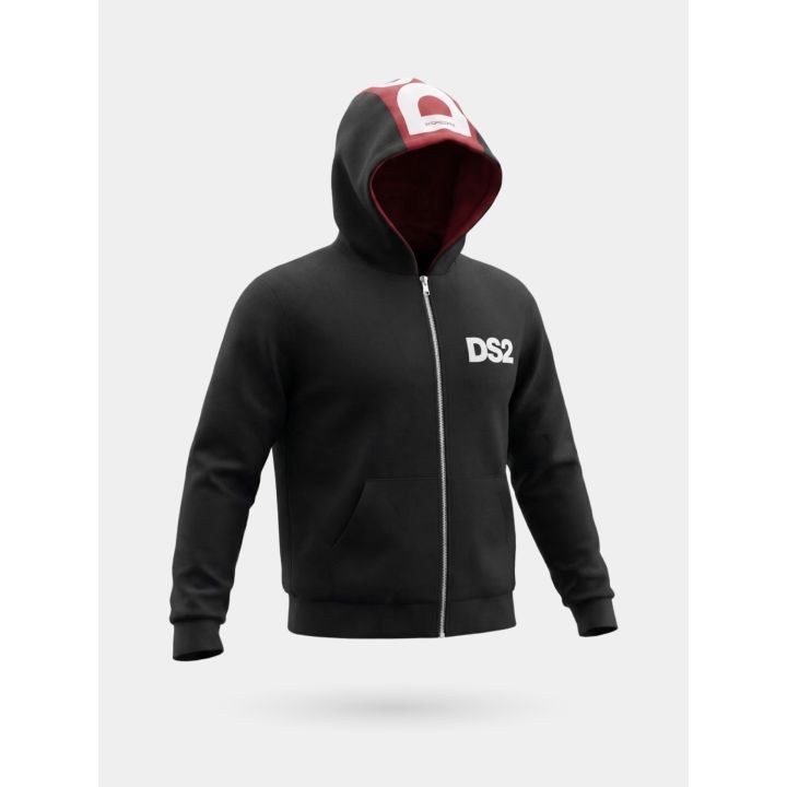 Felpa DS2 ragazzo nera con zip, cappuccio e fascia rossa, vista di tre quarti