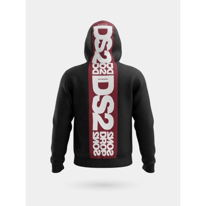 Felpa DS2 ragazzo nera con zip, cappuccio e fascia rossa, retro