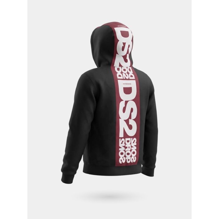 Felpa DS2 ragazzo nera con zip, cappuccio e fascia rossa, retro di tre quarti