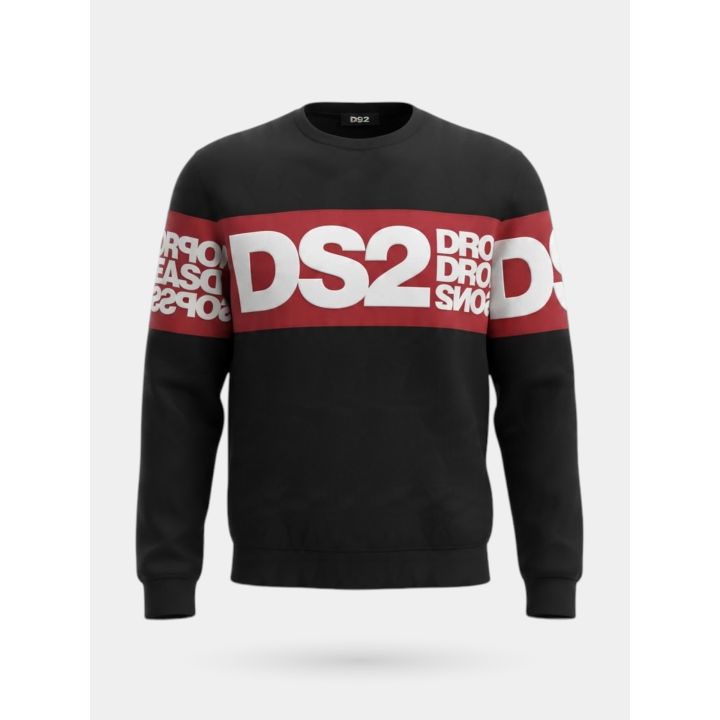 Felpa DS2 Drop Season 2 ragazzo nera e rossa girocollo con fascia logo bianco, vista frontale
