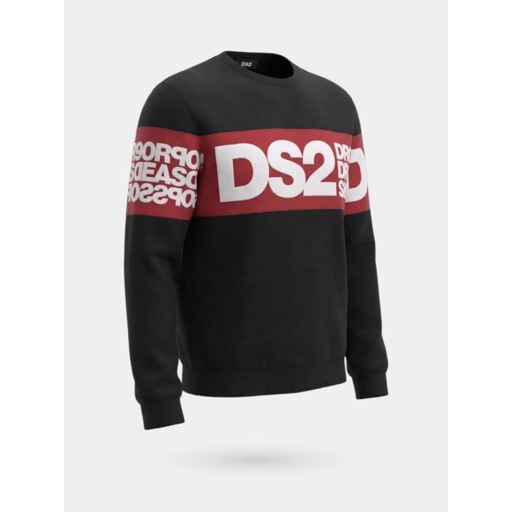 Felpa DS2 ragazzo nera e rossa girocollo con fascia logo bianco, vista di tre quarti