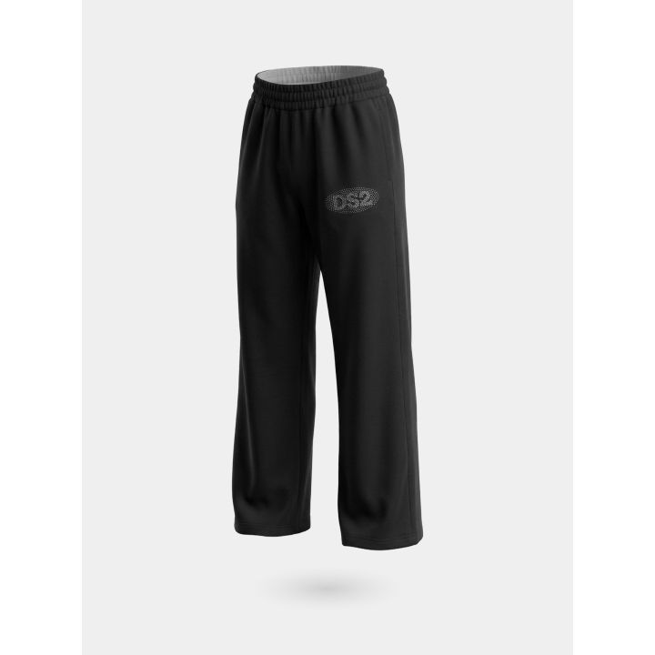 Pantalone DS2 ragazza nero a gamba larga con logo in brillantini, vista di tre quarti
