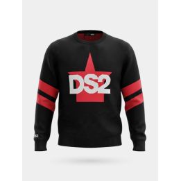 Maglia DS2 Drop Season 2 ragazzo nera con stella rossa e righe sulle maniche, vista frontale