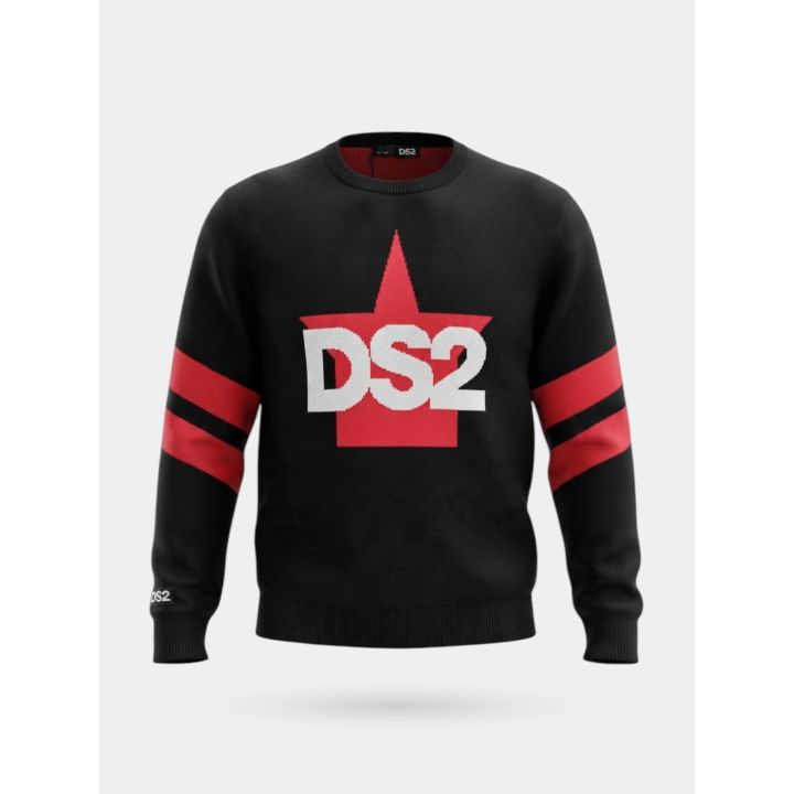Maglia DS2 Drop Season 2 ragazzo nera con stella rossa e righe sulle maniche, vista frontale