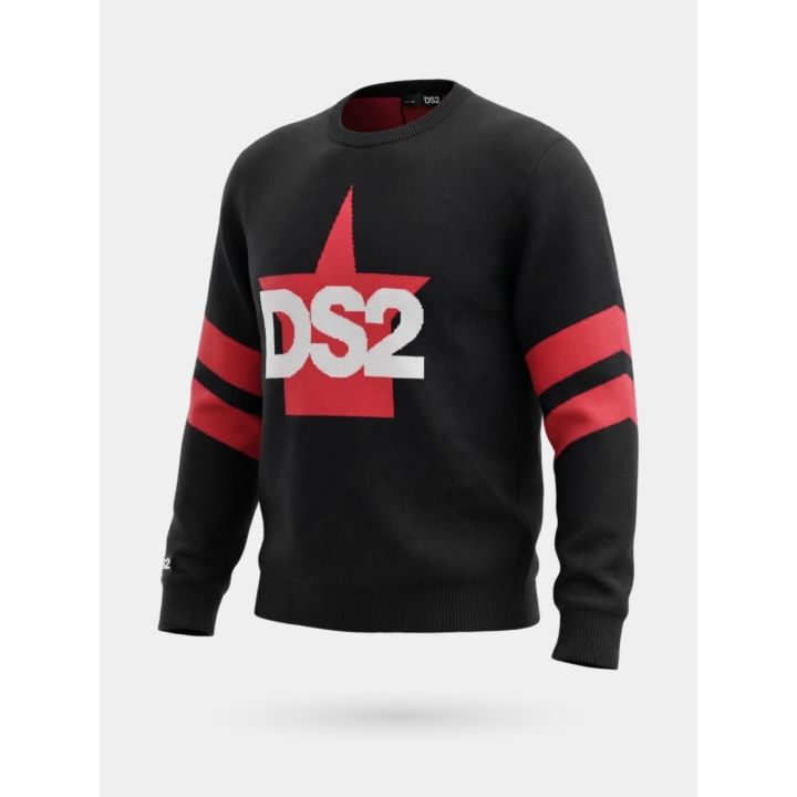 Maglia DS2 ragazzo nera con stella rossa e righe sulle maniche, vista di tre quarti