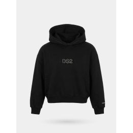 Felpa DS2 Drop Season 2 ragazza nera con cappuccio corta e logo in brillantini, vista frontale