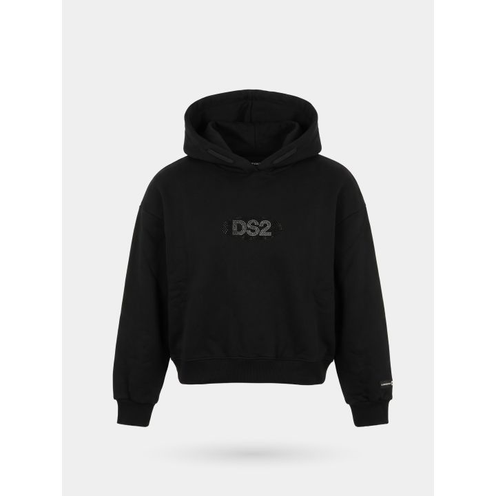 Felpa DS2 Drop Season 2 ragazza nera con cappuccio corta e logo in brillantini, vista frontale