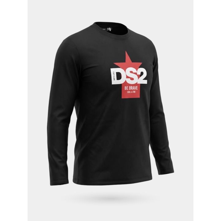 T-shirt a maniche lunghe DS2 ragazzo nera con stella rossa, vista di tre quarti