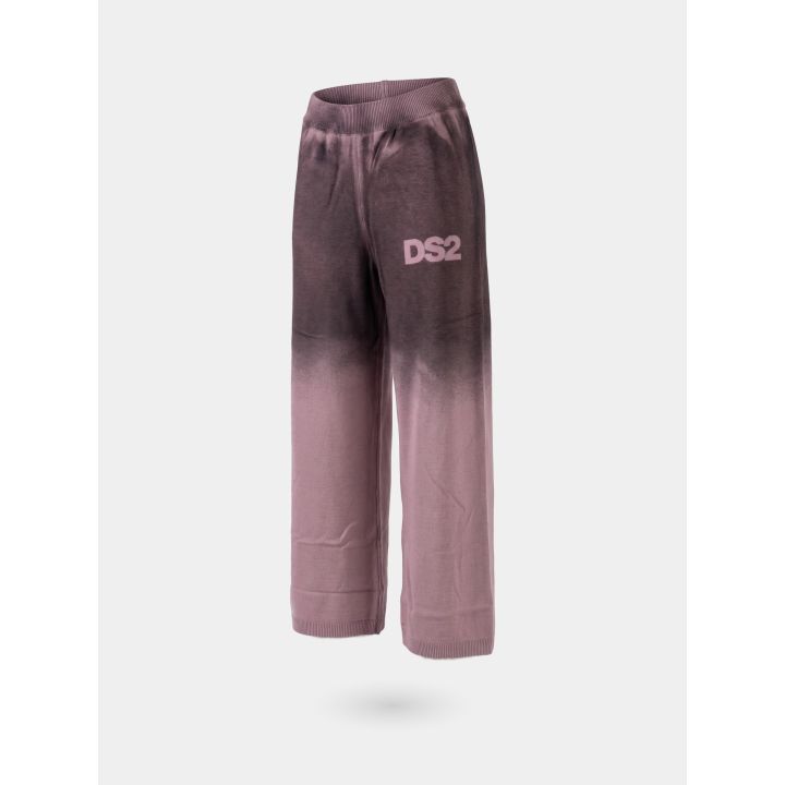Pantalone in maglia DS2 ragazza rosa sfumato a gamba larga, vista di tre quarti