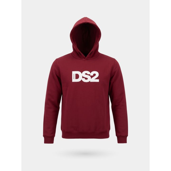 Felpa DS2 Drop Season 2 ragazzo bordeaux con cappuccio e grande logo bianco, vista frontale