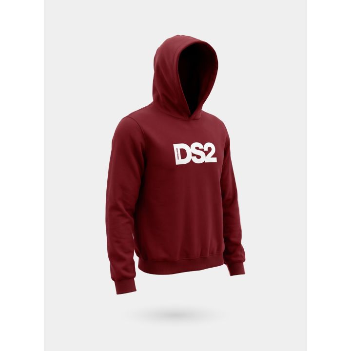 Felpa DS2 ragazzo bordeaux con cappuccio e grande logo bianco, vista di tre quarti
