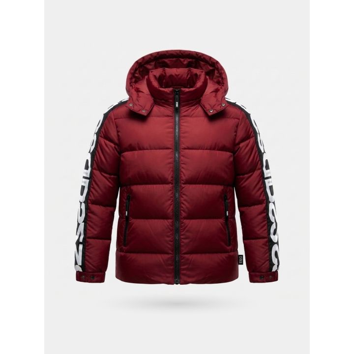 Giubbotto DS2 Drop Season 2 ragazzo bordeaux con cappuccio e fascia lettere DS2 sulle maniche, vista frontale