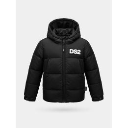 Giubbotto DS2 Drop Season 2 bambino nero con cappuccio e maxi logo sul retro, vista frontale