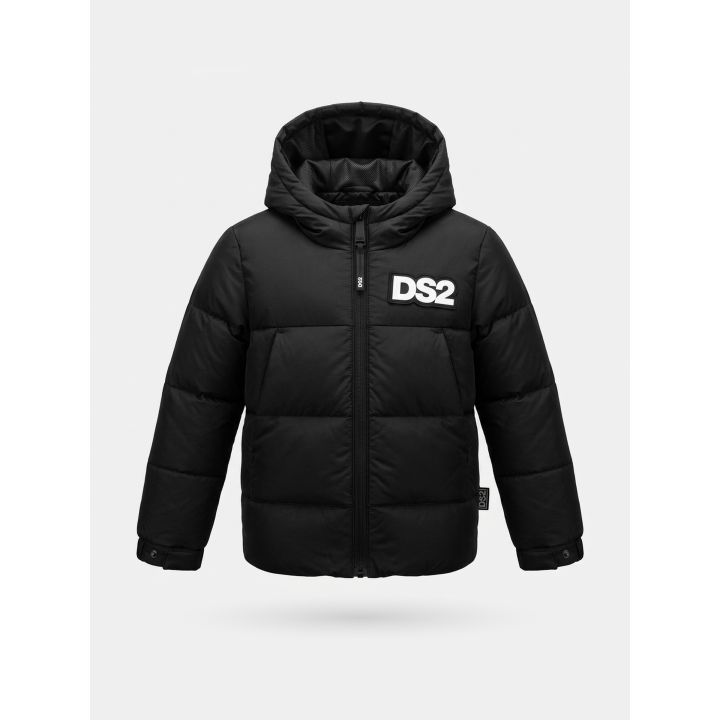 Giubbotto DS2 Drop Season 2 bambino nero con cappuccio e maxi logo sul retro, vista frontale