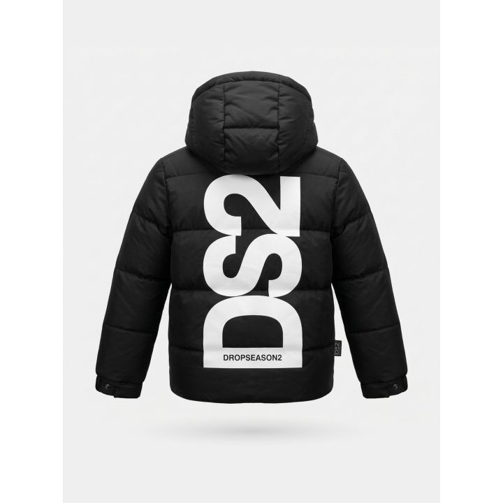 Giubbotto DS2 bambino nero con cappuccio e maxi logo sul retro, retro