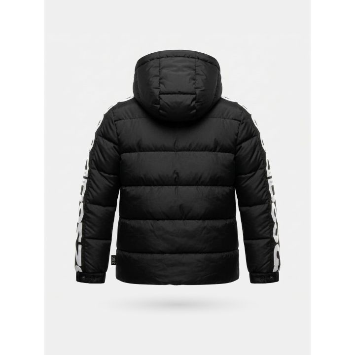 Giubbotto DS2 ragazzo nero con cappuccio e fascia lettere DS2 sulle maniche, retro