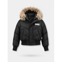 Giubbotto DS2 Drop Season 2 ragazza nero stile bomber con cappuccio effetto pelliccia, vista frontale
