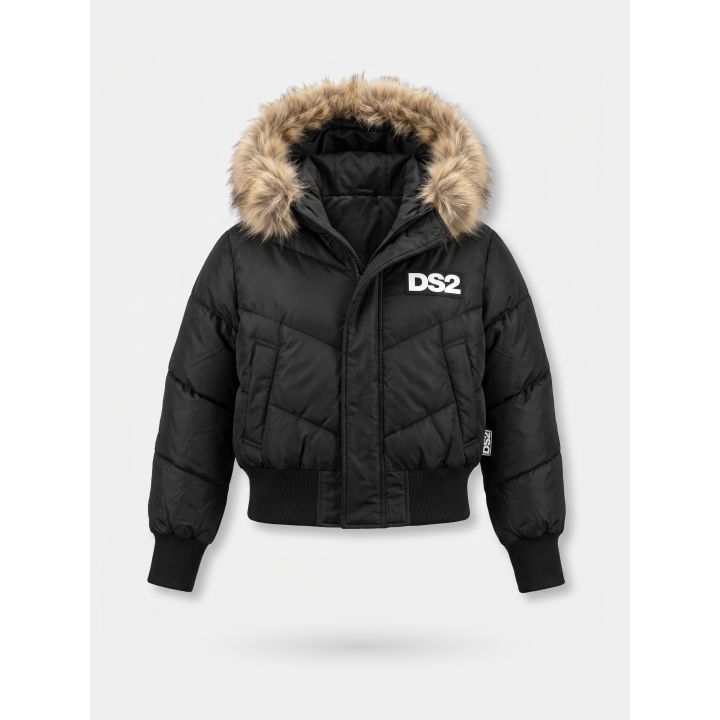 Giubbotto DS2 Drop Season 2 ragazza nero stile bomber con cappuccio effetto pelliccia, vista frontale