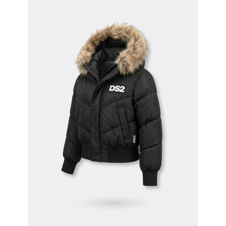 Giubbotto DS2 ragazza nero stile bomber con cappuccio effetto pelliccia, vista di tre quarti