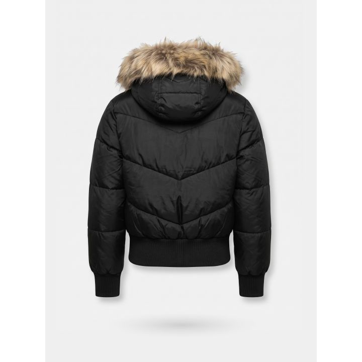 Giubbotto DS2 ragazza nero stile bomber con cappuccio effetto pelliccia, retro