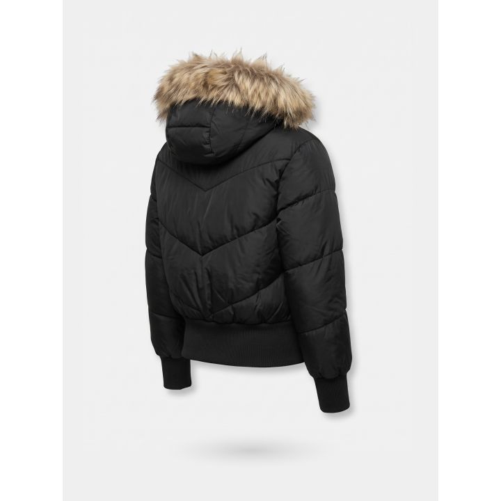 Giubbotto DS2 ragazza nero stile bomber con cappuccio effetto pelliccia, retro di tre quarti
