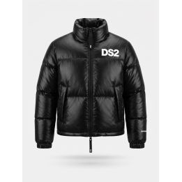 Giubbotto DS2 Drop Season 2 ragazza nero lucido trapuntato con collo alto e logo bianco, vista frontale
